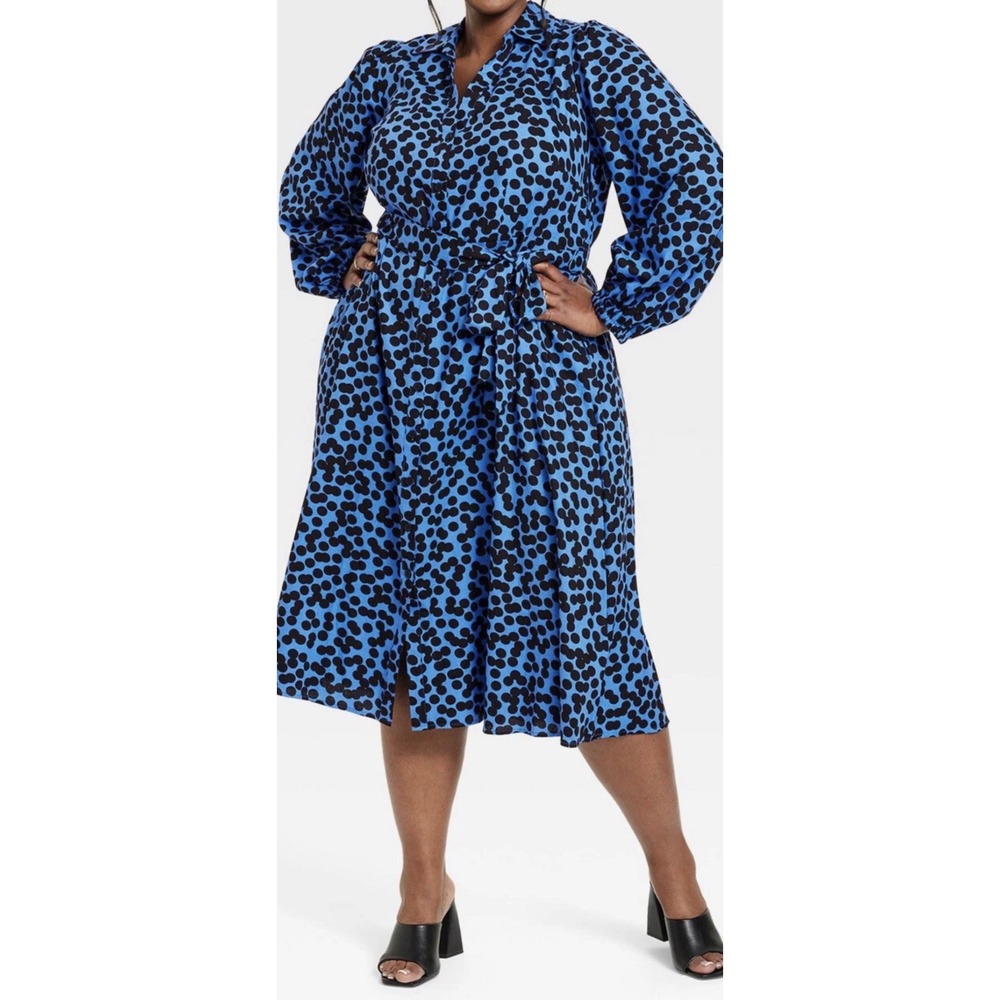 AVA & VIV  Blue Black Polka Dot Midi Shirt Dress Long Puff Sleeve Tie Waist
